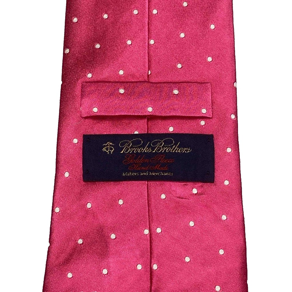 Brooks Brothers Golden Fleece Mens Silk Necktie Pink White Polka Dot Woven Tie - Picture 2 of 3